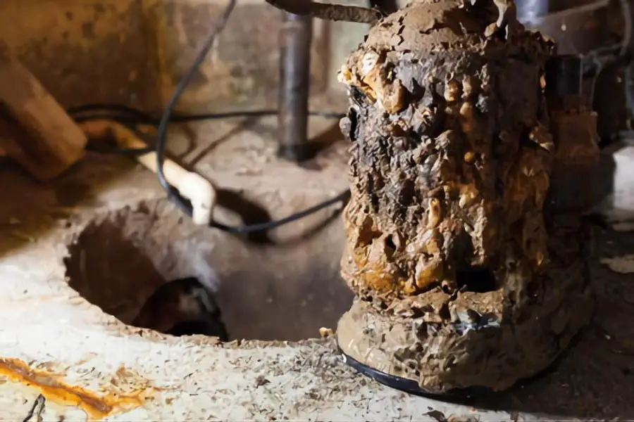 old sump pump covered in mineral deposit rust and mud